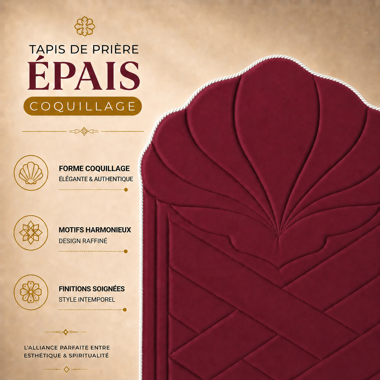 Zoom sur le design du tapis de prière épais rose Framboise Sajadah en forme de coquillage.