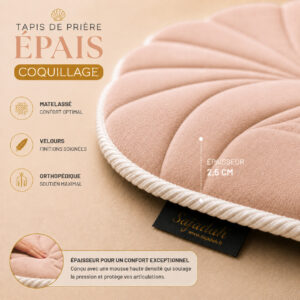 Zoom sur la qualité premium du velours turc du tapis de prière épais Coquillage rose Pâle Sajadah.