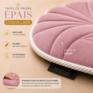 Zoom sur la qualité premium du velours turc du tapis de prière épais Coquillage rose Poudre Sajadah.