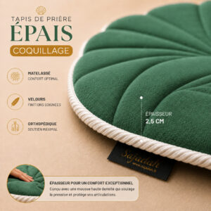 Zoom sur la qualité premium du velours turc du tapis de prière épais Coquillage vert Impérial Sajadah.