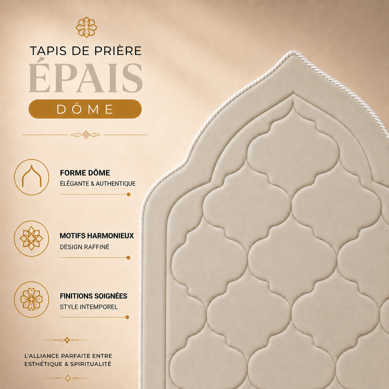 Zoom sur le design du tapis de prière épais blanc Ivoire Sajadah en forme de dôme.