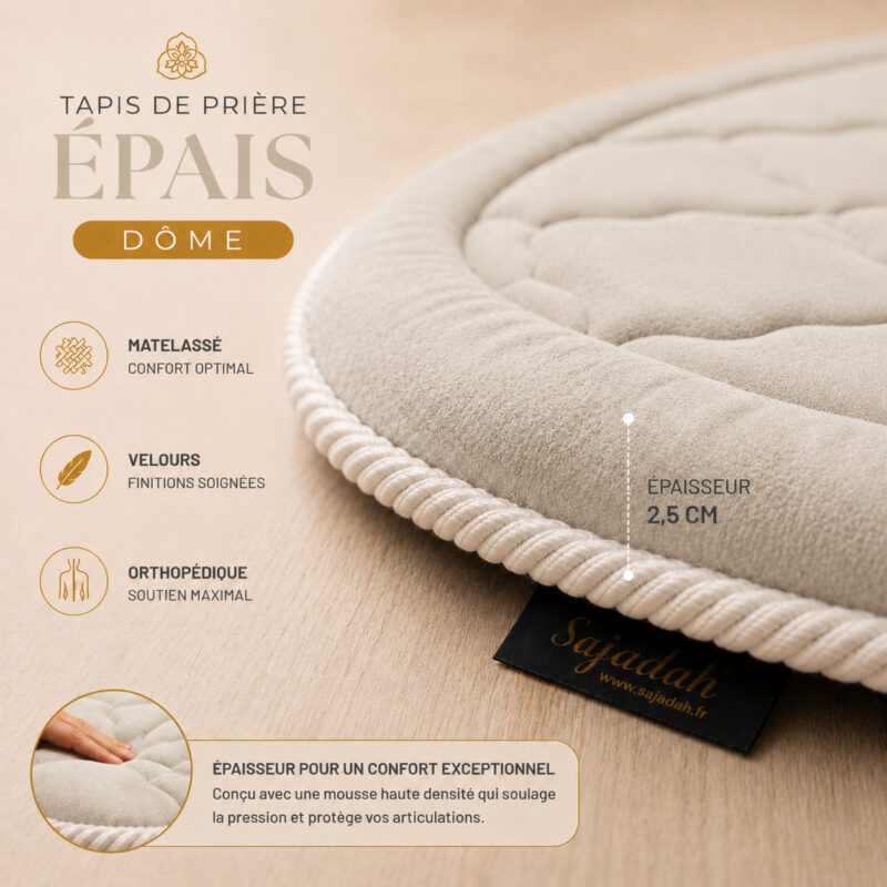 Zoom sur la qualité premium du velours du tapis de prière épais blanc Ivoire Sajadah en forme de dôme.