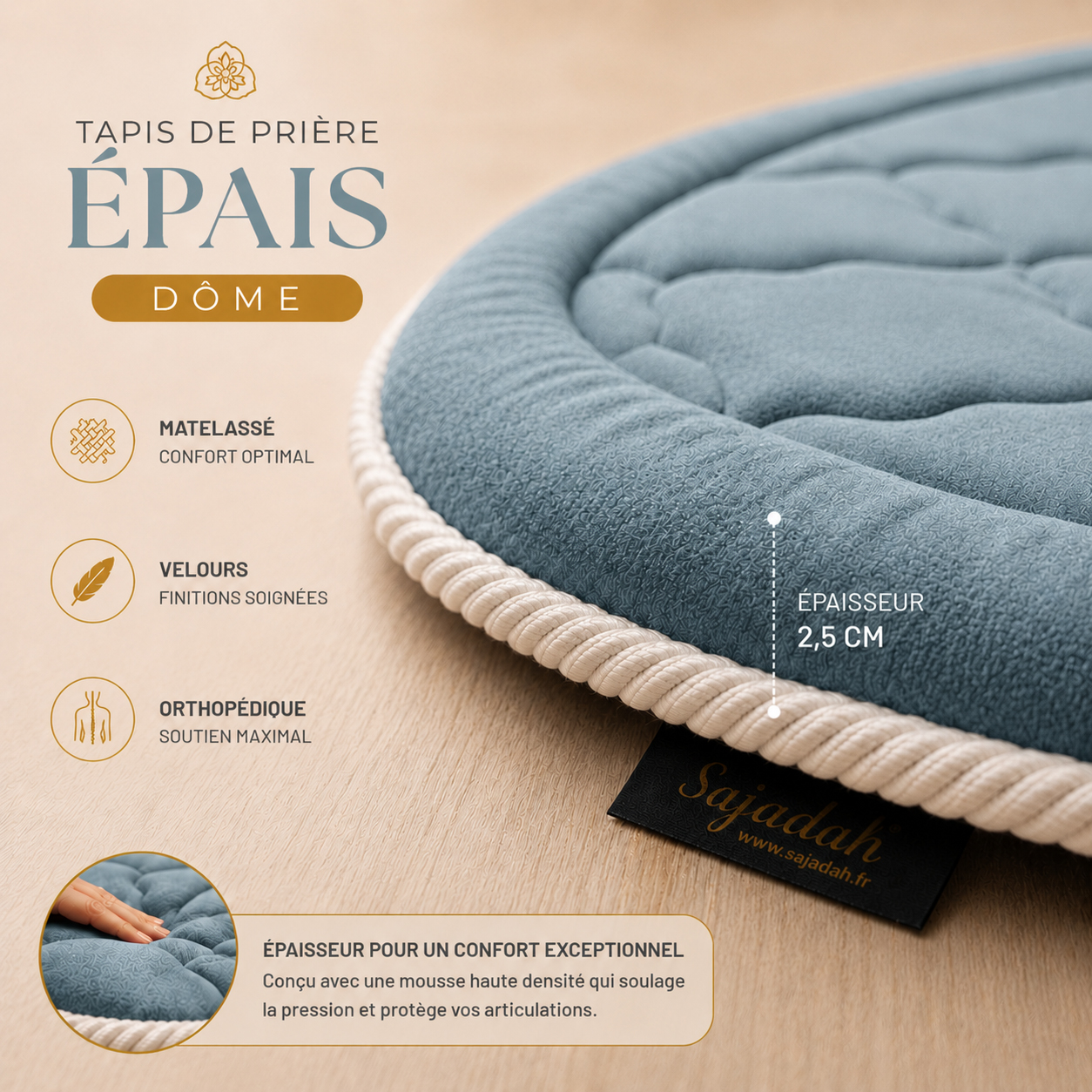 Zoom sur la qualité du velours premium du tapis de prière épais Dôme bleu Ciel Sajadah.