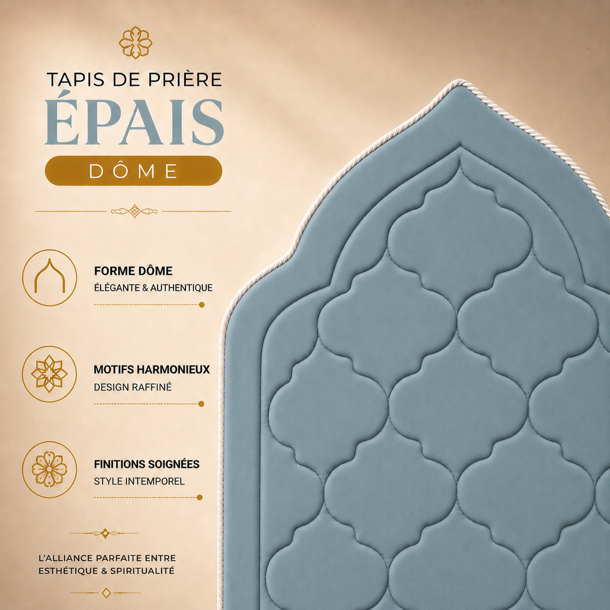 Zoom sur le design matelassé du tapis de prière épais Dôme bleu Ciel Sajadah.