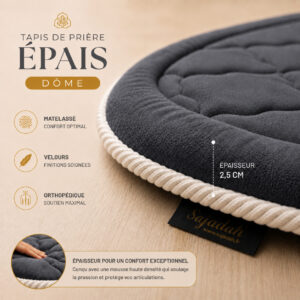 Zoom sur la qualité premium du velours turc du tapis de prière épais Dôme gris Ardoise Sajadah.