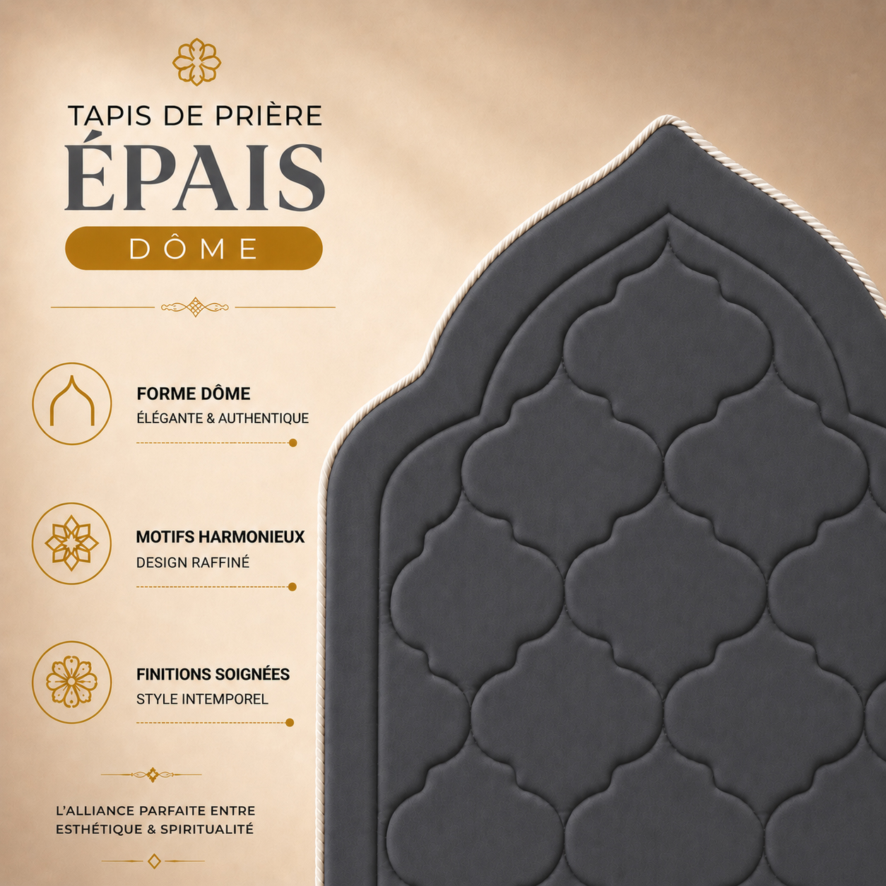 Zoom sur le design matelassé du tapis de prière épais Dôme gris Ardoise Sajadah.