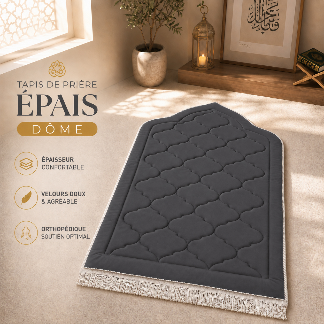 Le tapis de prière épais Dôme gris Ardoise Sajadah.