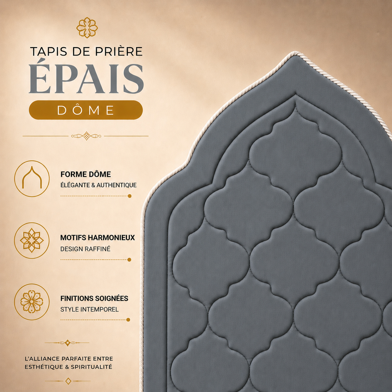 Zoom sur le design matelassé du tapis de prière épais Dôme gris Plomb Sajadah.