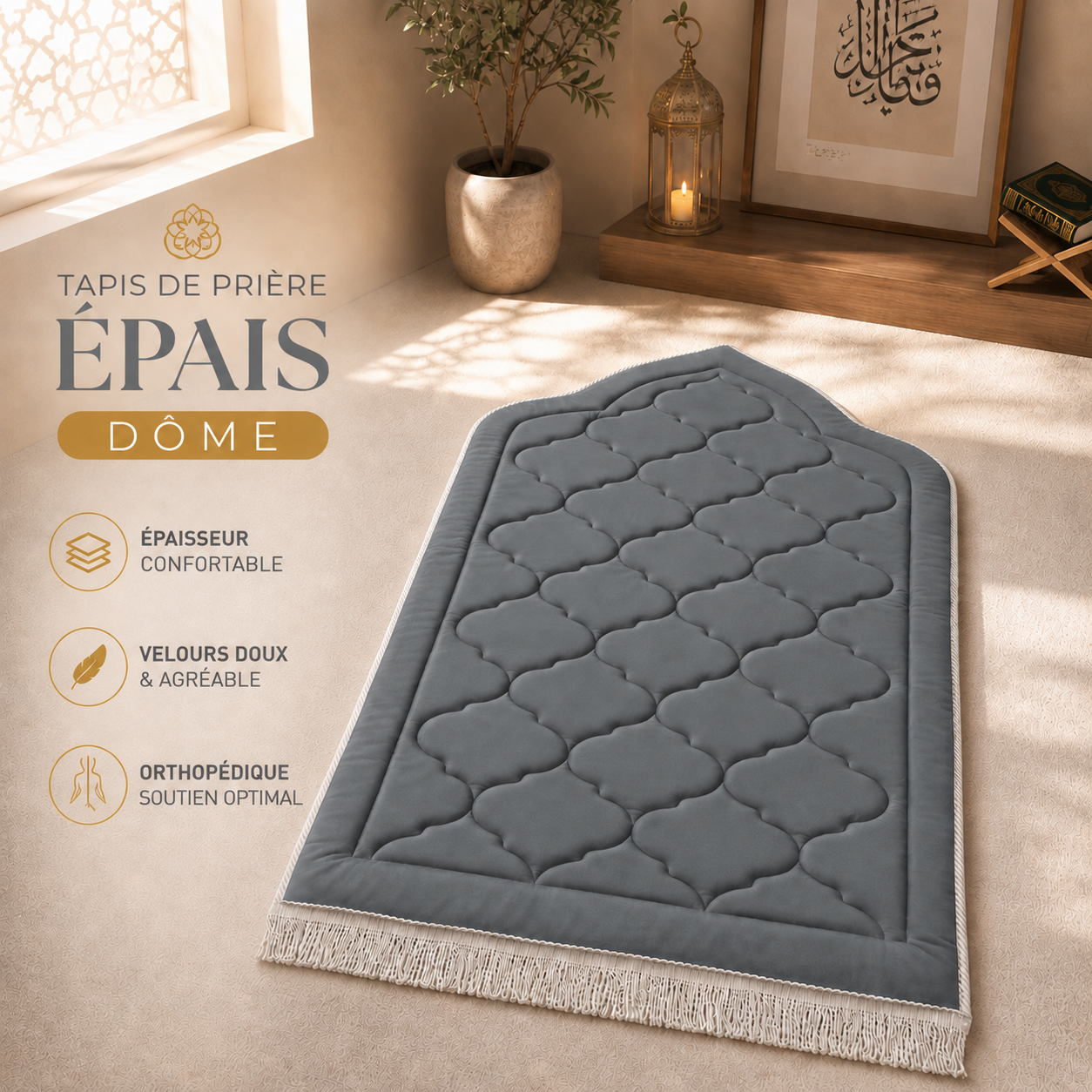 Le tapis de prière épais Dôme gris Plomb Sajadah.