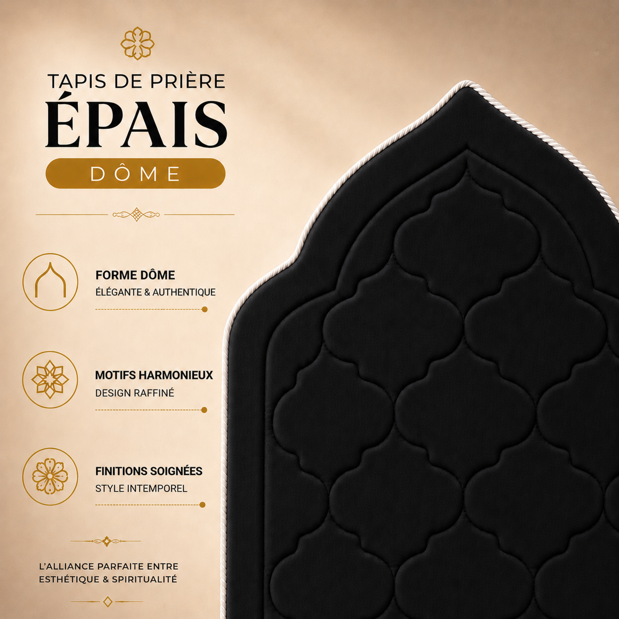 Zoom sur le design du tapis de prière en forme de dôme noir carbone Sajadah.