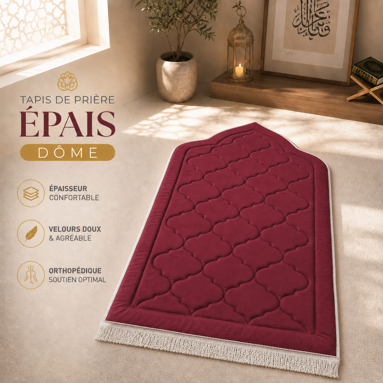 Le tapis de prière épais rose Framboise Sajadah en forme de dôme.
