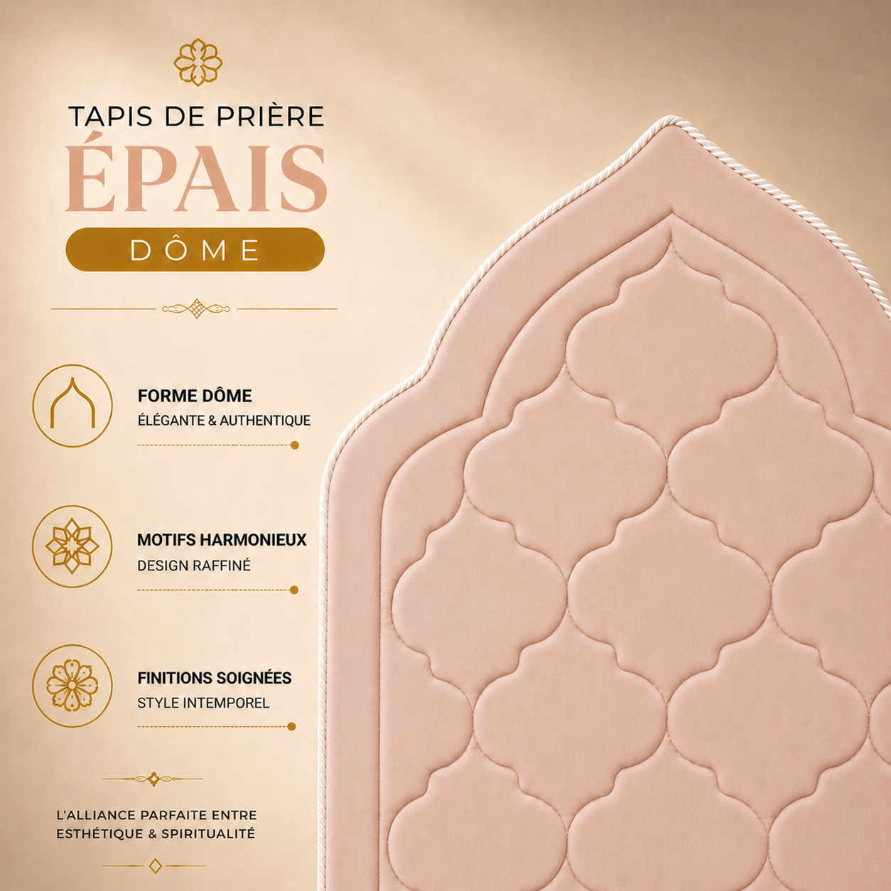 Zoom sur le design matelassé du tapis de prière épais Dôme rose Pâle Sajadah.