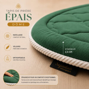Zoom sur la qualité premium du velours turc du tapis de prière épais Dôme vert Impérial Sajadah.
