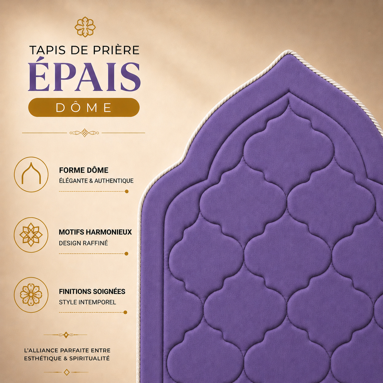 Zoom sur le design du tapis de prière épais violet Sajadah en forme de dôme.