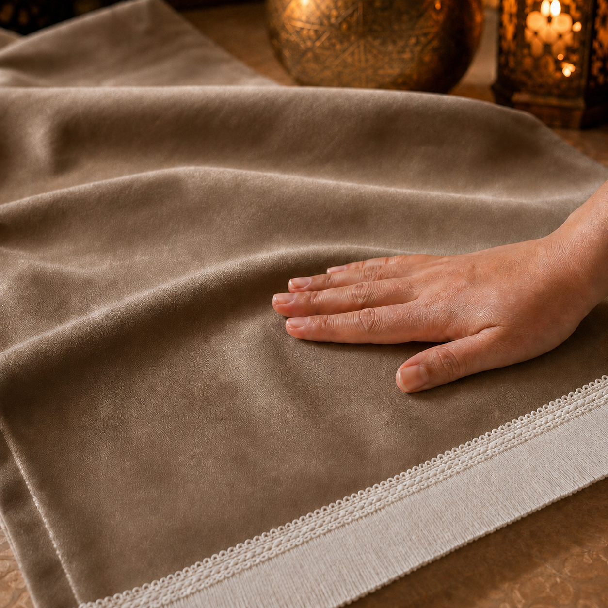 Zoom sur la qualité du velours premium du tapis de prière personnalisé beige Chatain Sajadah.
