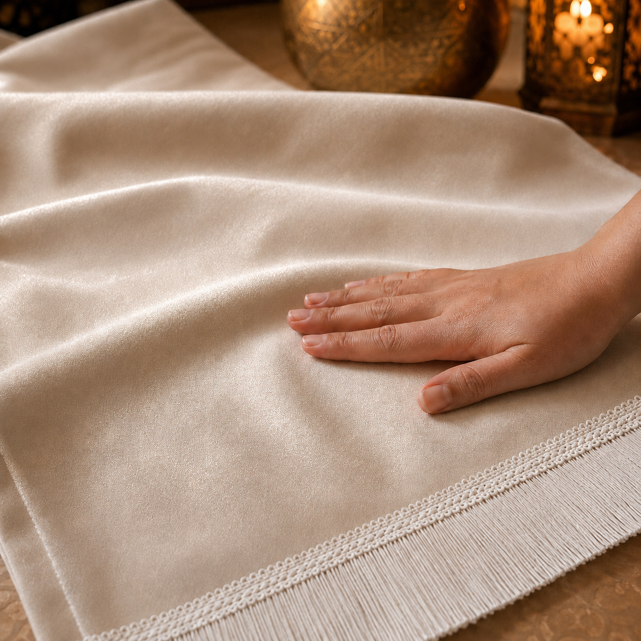 Zoom sur la qualité du velours premium du tapis de prière personnalisé blanc Ivoire Sajadah.