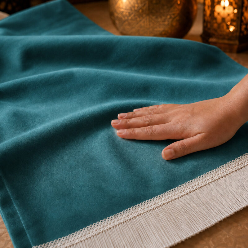 Zoom sur la qualité du velours premium du tapis de prière personnalisé bleu Turquoise Sajadah.