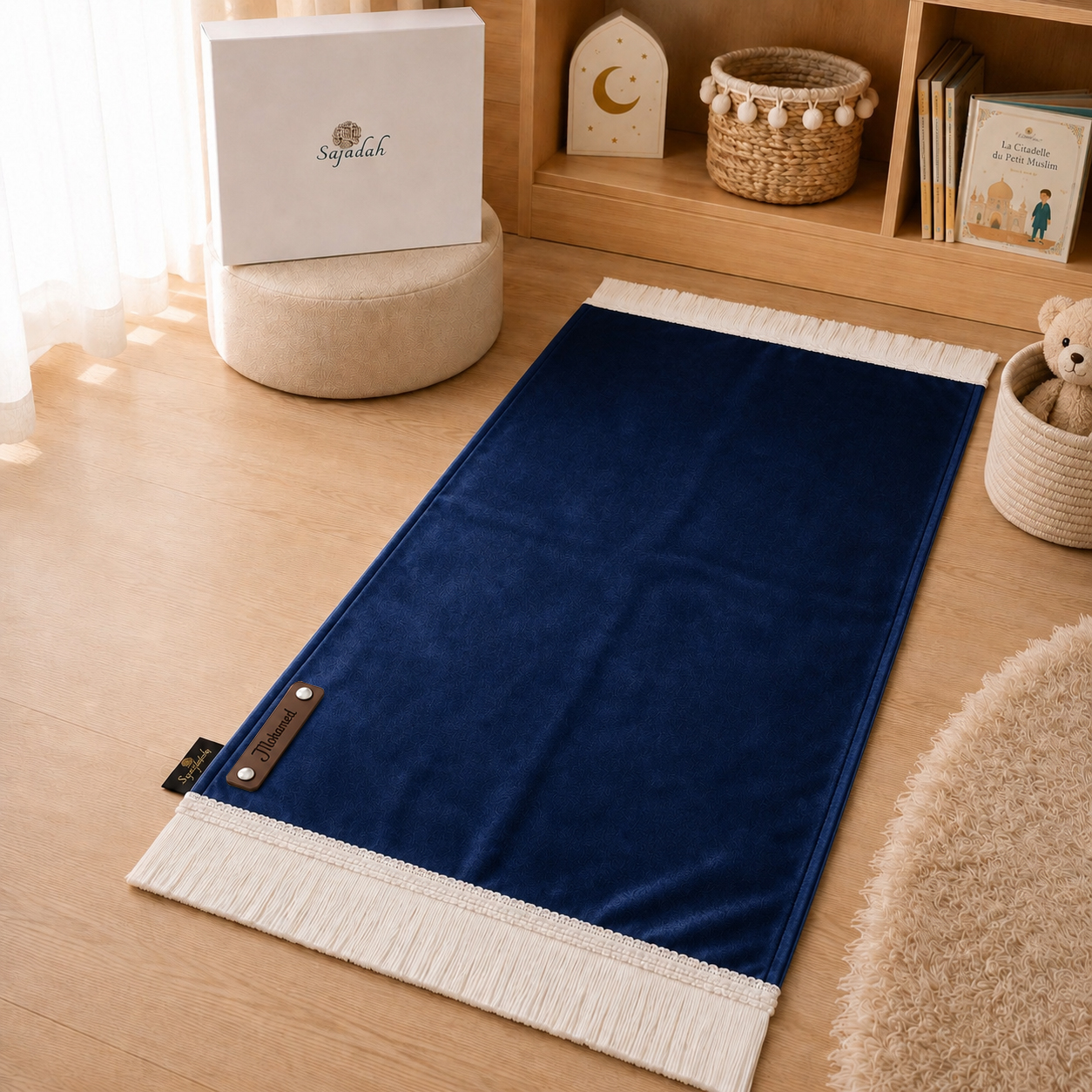Le tapis de prière Sajadah de couleur bleu Nuit avec ses franges blanches et sa personnalisation en cuir véritable de couleur chocolat.