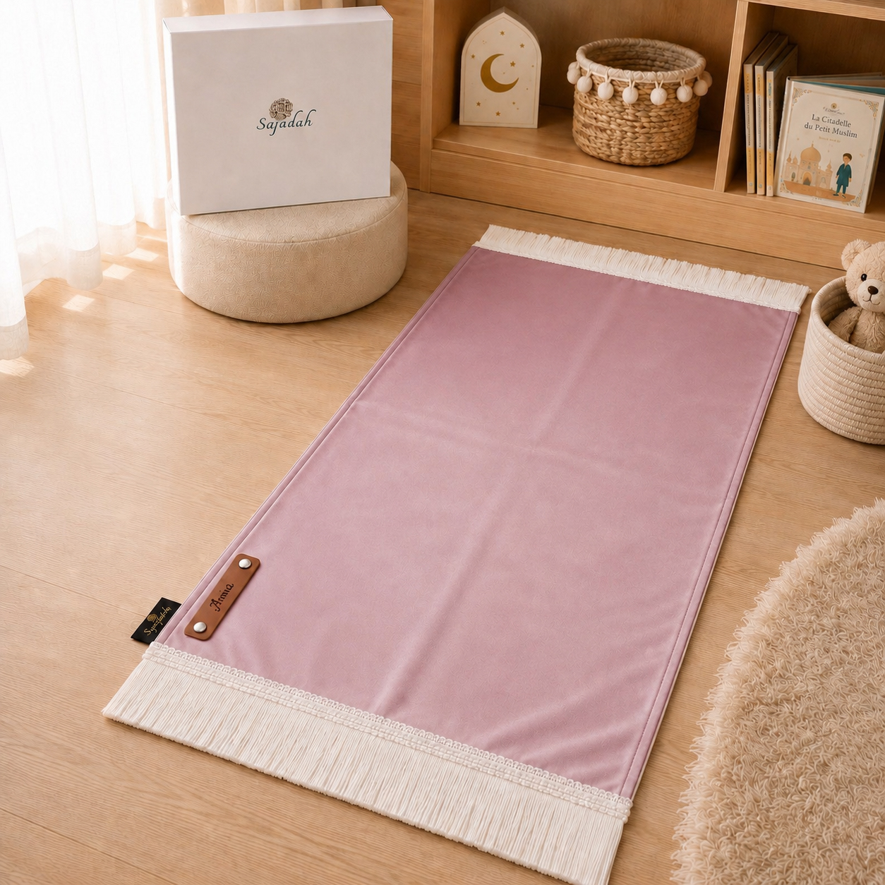 Le tapis de prière Sajadah de couleur rose Poudre avec ses franges blanches et sa personnalisation en cuir véritable de couleur marron.