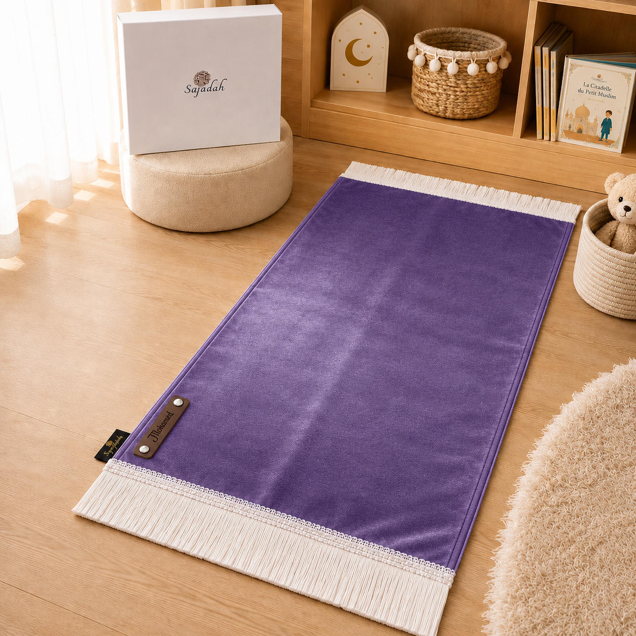 Le tapis de prière Sajadah de couleur violet avec ses franges blanches et sa personnalisation en cuir véritable de couleur chocolat.
