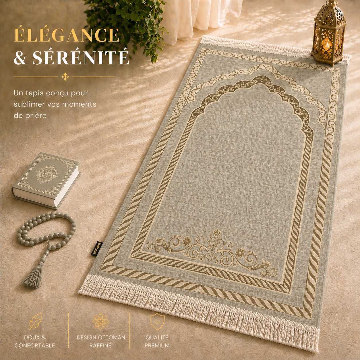 Le tapis de prière Luxe Ottoman Royal gris Perle Sajadah.