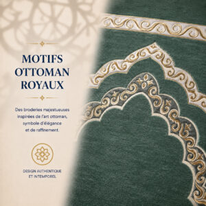 Zoom sur les broderies du tapis de prière Luxe Ottoman Royal vert Olivier Sajadah.