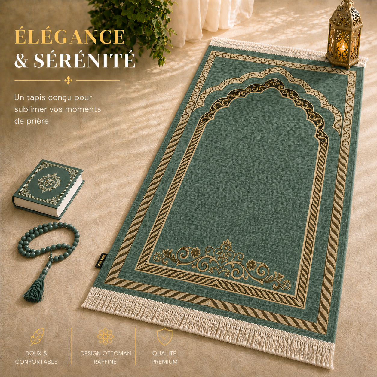 Le tapis de prière Luxe Ottoman Royal vert Olivier Sajadah.