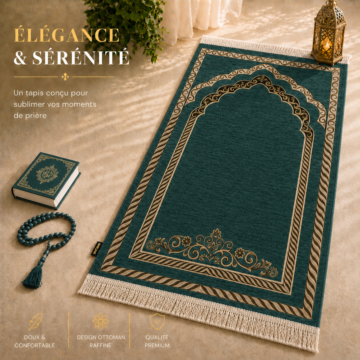 Le tapis de prière Luxe Ottoman Royal vert Paon Sajadah.