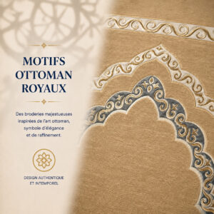 Zoom sur les broderies du tapis de prière Luxe Ottoman Royal beige Chatain Sajadah.