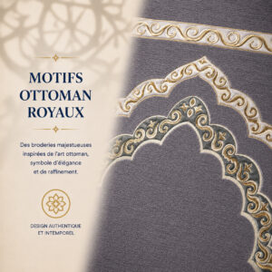 Zoom sur les broderies du tapis de prière Luxe Ottoman Royal gris Lavande Sajadah.