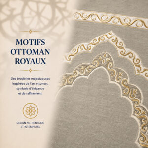 Zoom sur les broderies du tapis de prière Luxe Ottoman Royal gris Perle Sajadah.