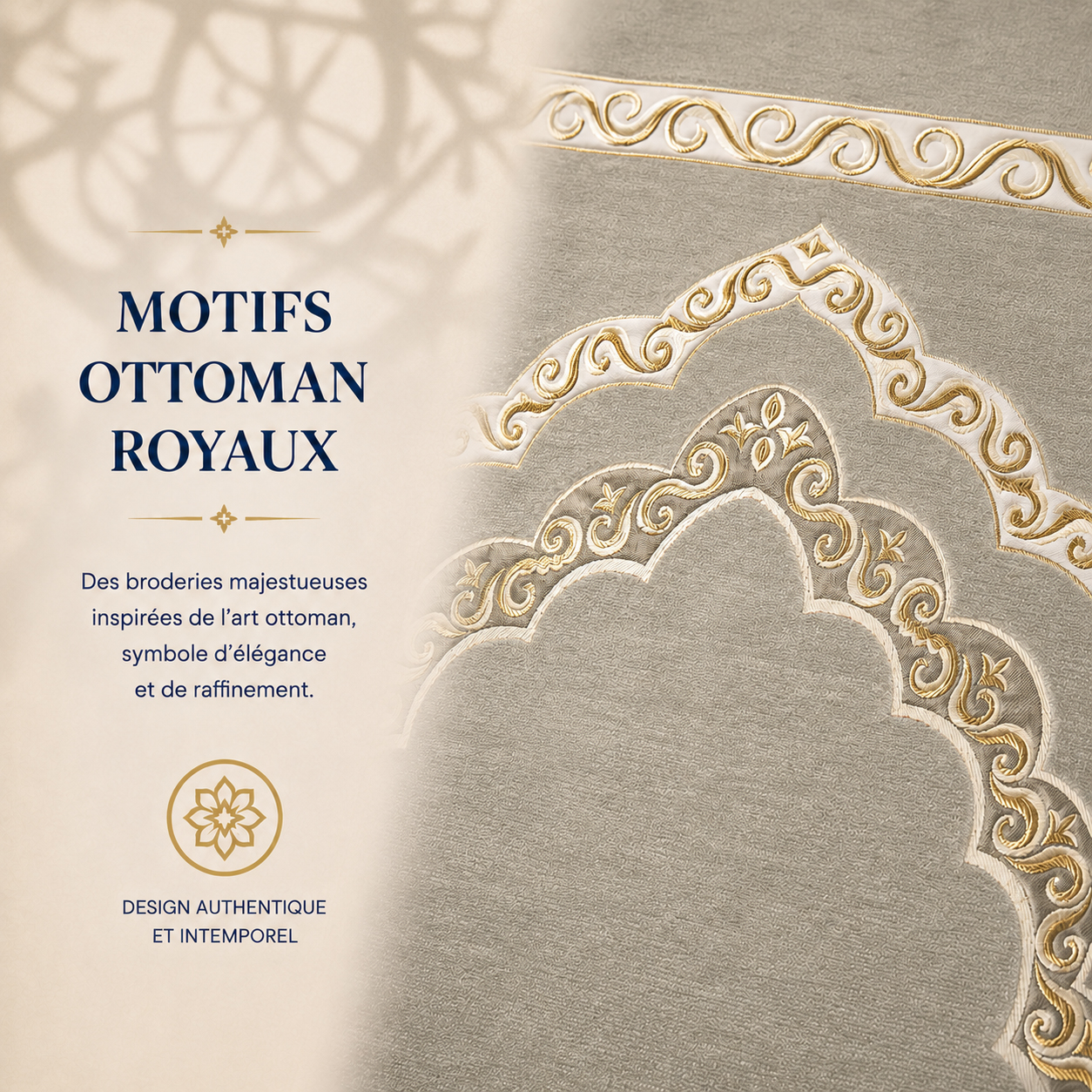 Zoom sur les broderies du tapis de prière Luxe Ottoman Royal gris Perle Sajadah.