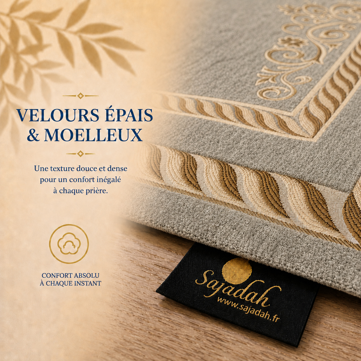 Zoom sur l'épaisseur du tapis de prière Luxe Ottoman Royal gris Perle Sajadah.