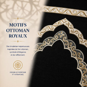 Zoom sur les broderies du tapis de prière Luxe Ottoman Royal noir Sajadah.