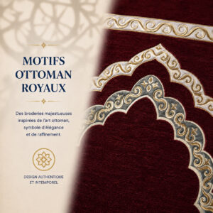 Zoom sur les broderies du tapis de prière Luxe Ottoman Royal rouge Sajadah.