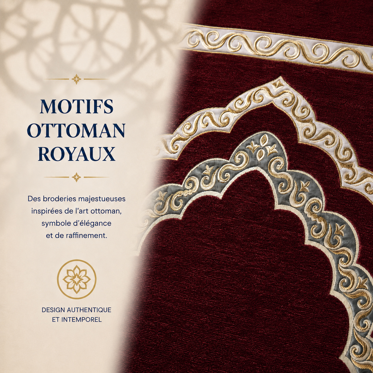 Zoom sur les broderies du tapis de prière Luxe Ottoman Royal rouge Sajadah.