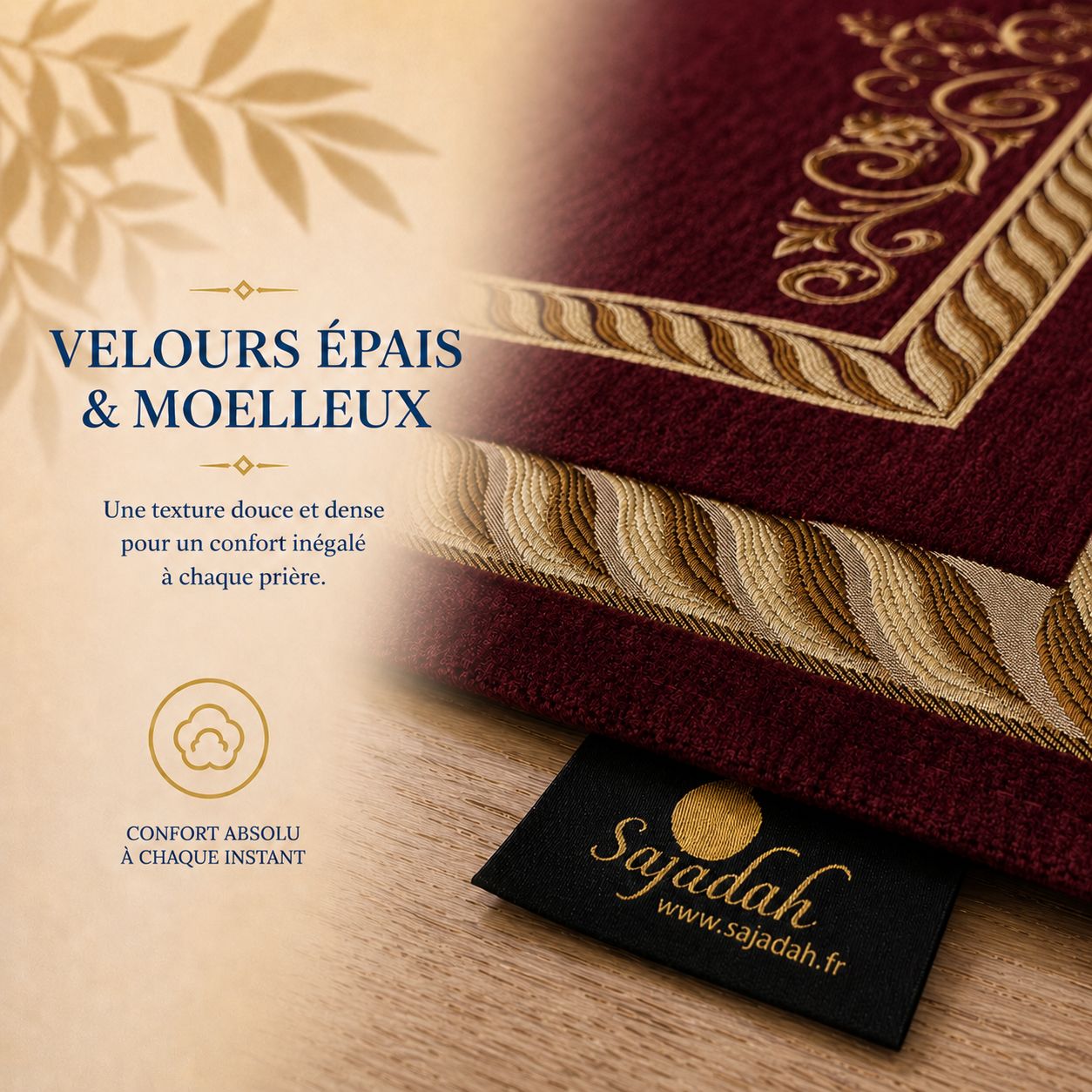 Zoom sur l'épaisseur du tapis de prière Luxe Ottoman Royal rouge Sajadah.