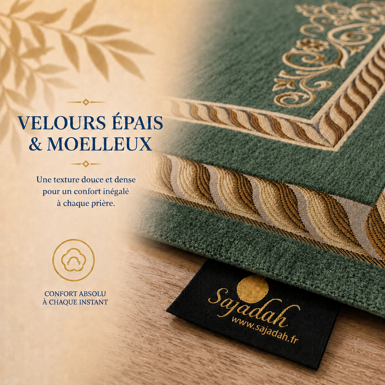 Zoom sur l'épaisseur du tapis de prière Luxe Ottoman Royal vert Olivier Sajadah.