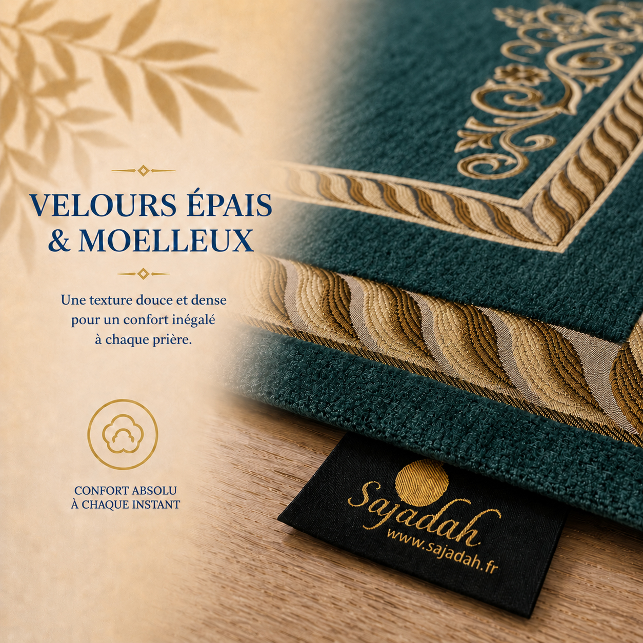 Zoom sur l'épaisseur du tapis de prière Luxe Ottoman Royal vert Paon Sajadah.