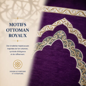 Zoom sur les broderies du tapis de prière Luxe Ottoman Royal violet Sajadah.