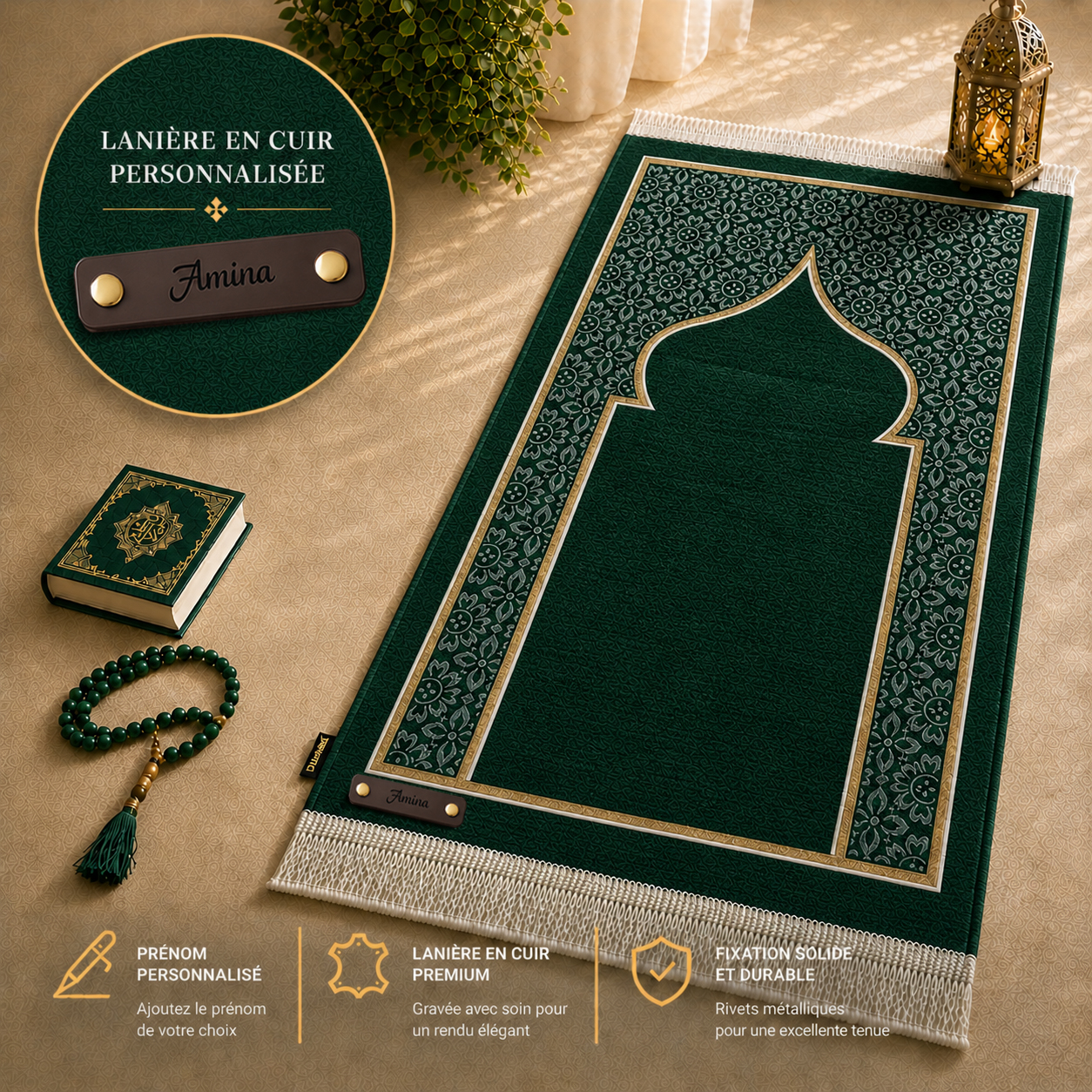 Le tapis de prière Luxe Ottoman vert Sajadah avec sa personnalisation en cuir véritable couleur chocolat.