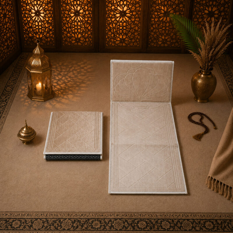 Les tapis de la collection tapis de prière pliable avec dossier Sajadah vue de face et pliés.