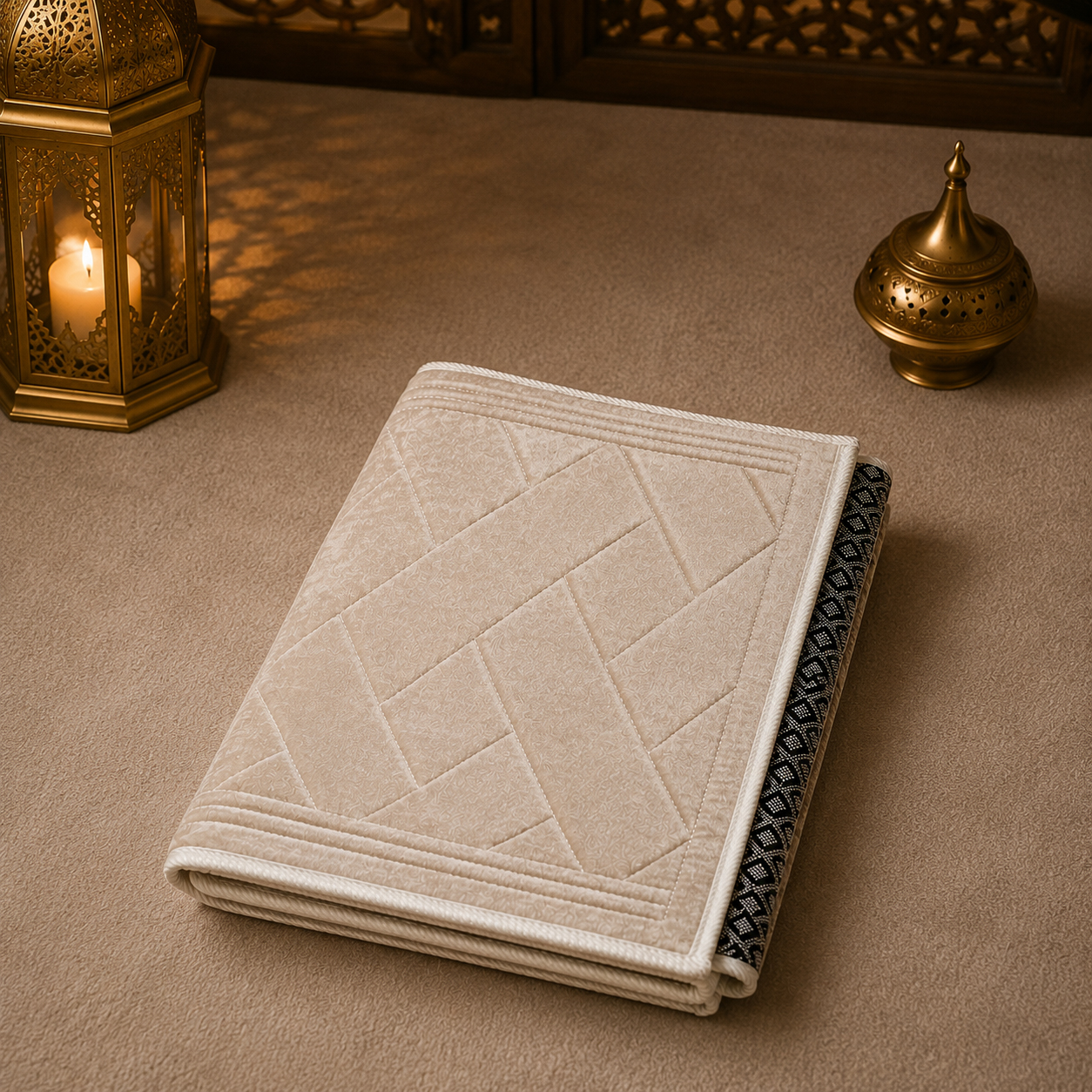 Le tapis de prière avec dossier pliable beige Sajadah vu plié.