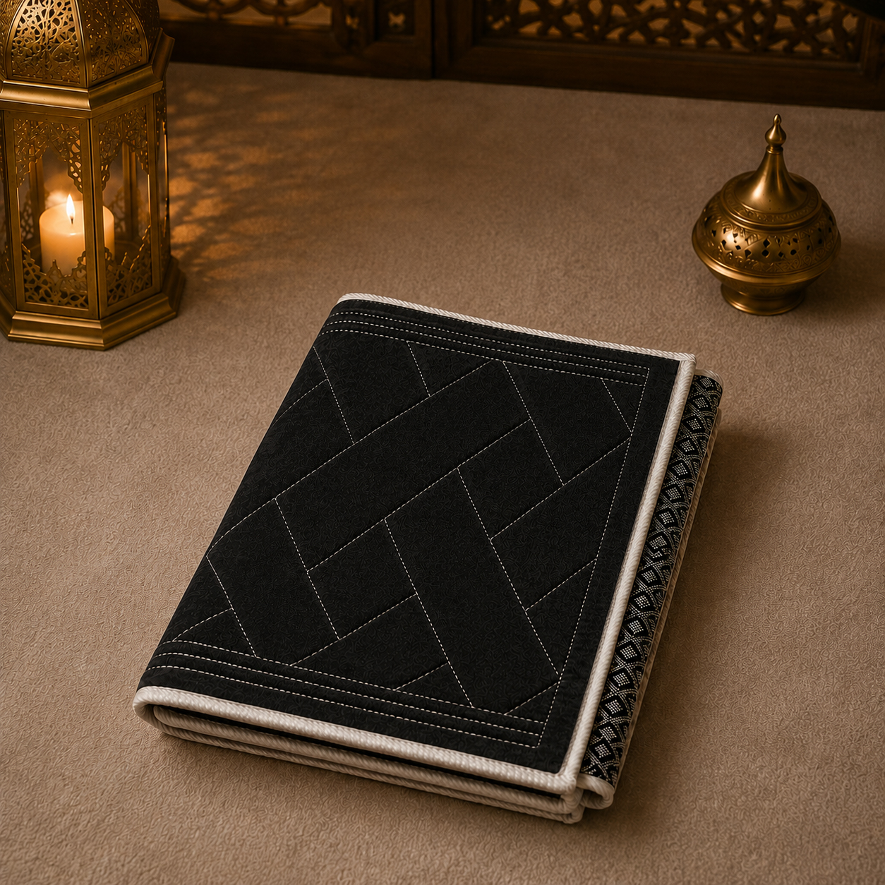 Le tapis de prière pliable avec dossier noir Sajadah vue plié.