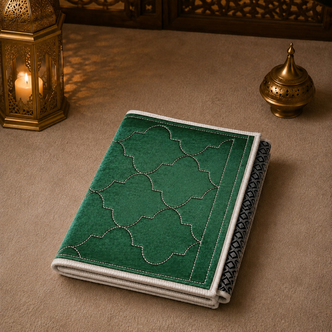 Le tapis de prière avec dossier pliable vert Sajadah vu plié.