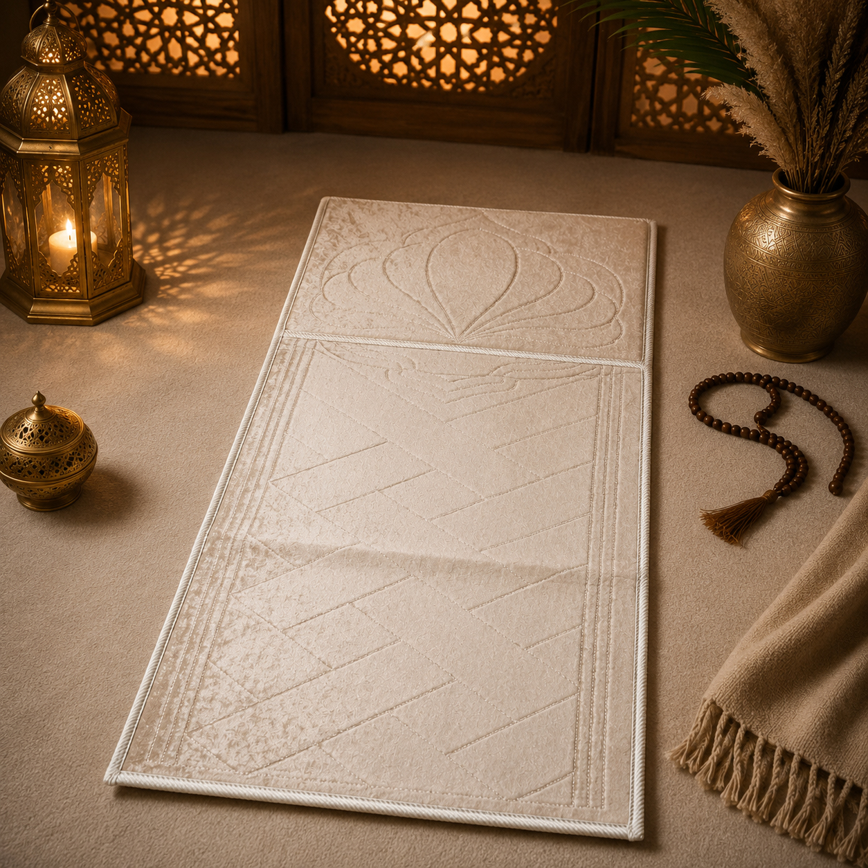Le tapis de prière avec dossier pliable beige Sajadah vu de face avec le dossier allongé.