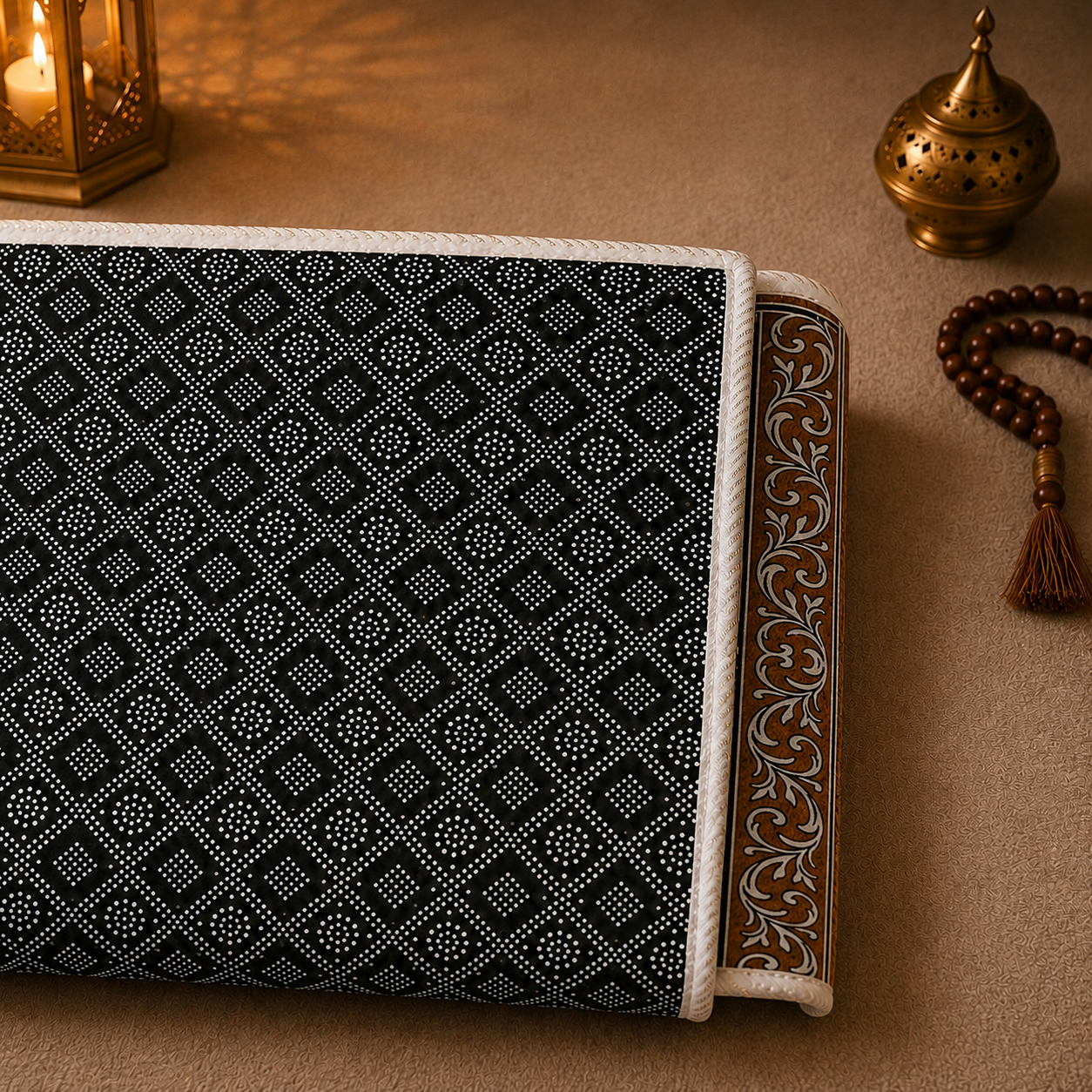 Zoom sur le dessous anti-dérapant du tapis de prière avec dossier pliable marron Sajadah.