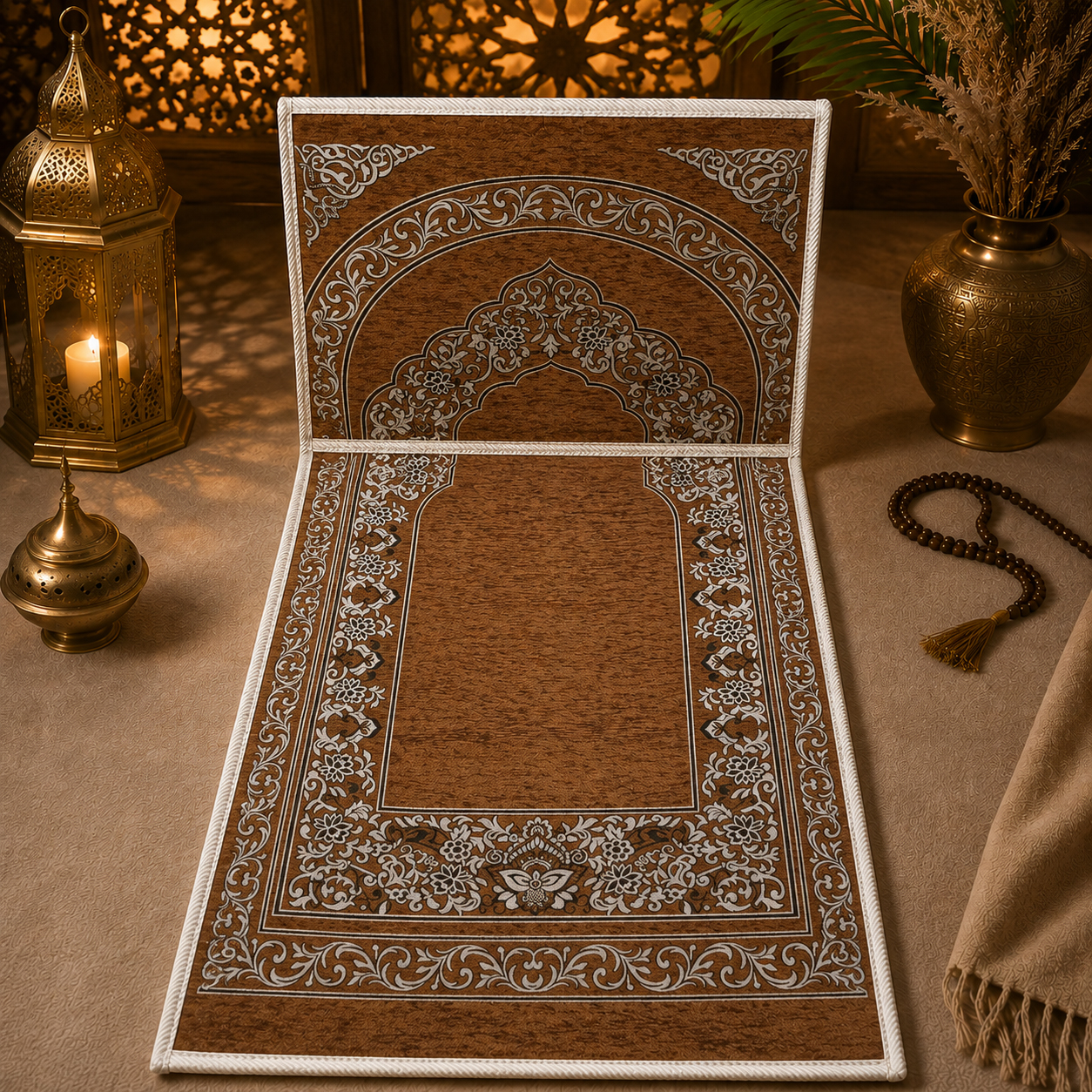 Le tapis de prière avec dossier pliable marron Sajadah vu de face avec le dossier relevé.