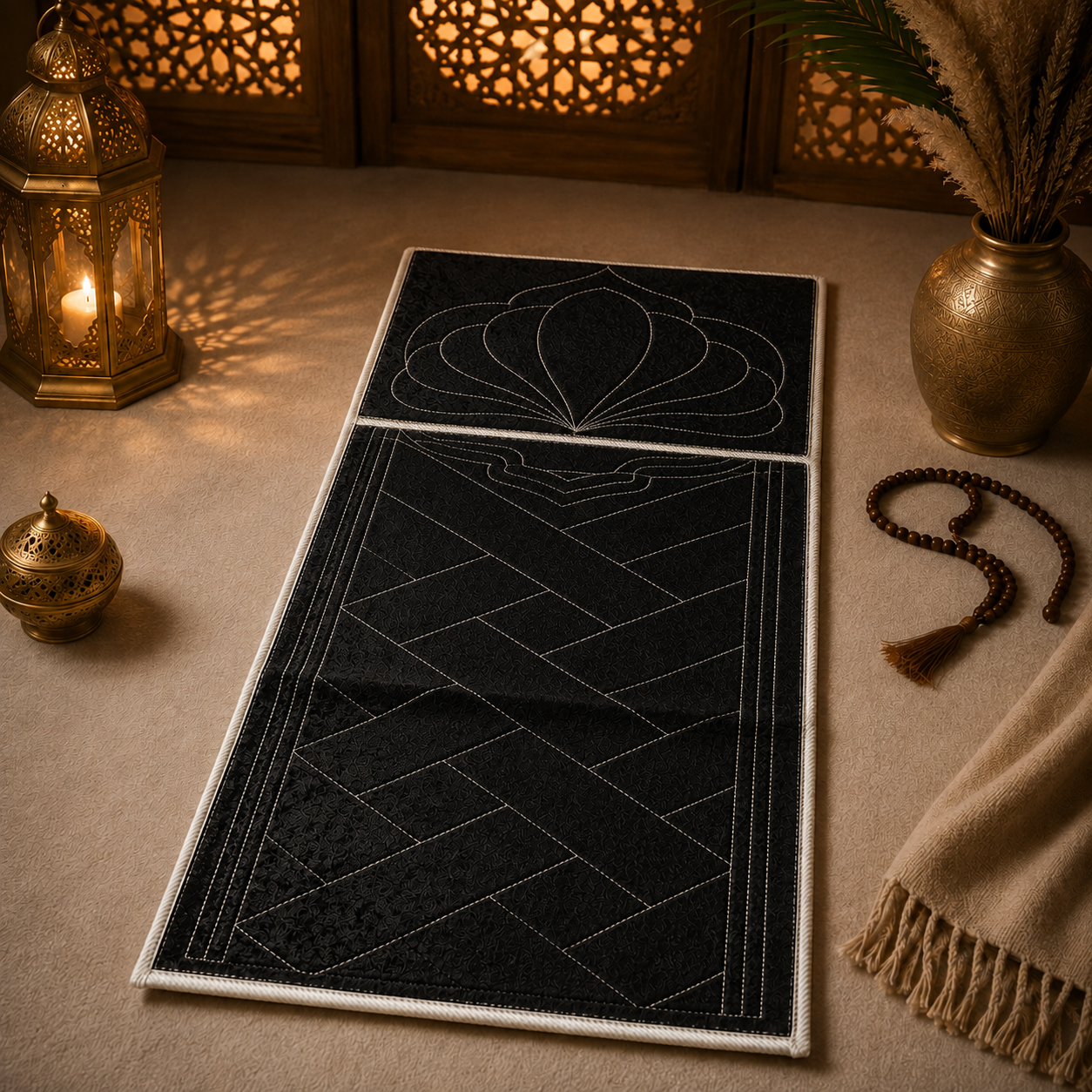 Le tapis de prière pliable avec dossier noir Sajadah vue à plat.