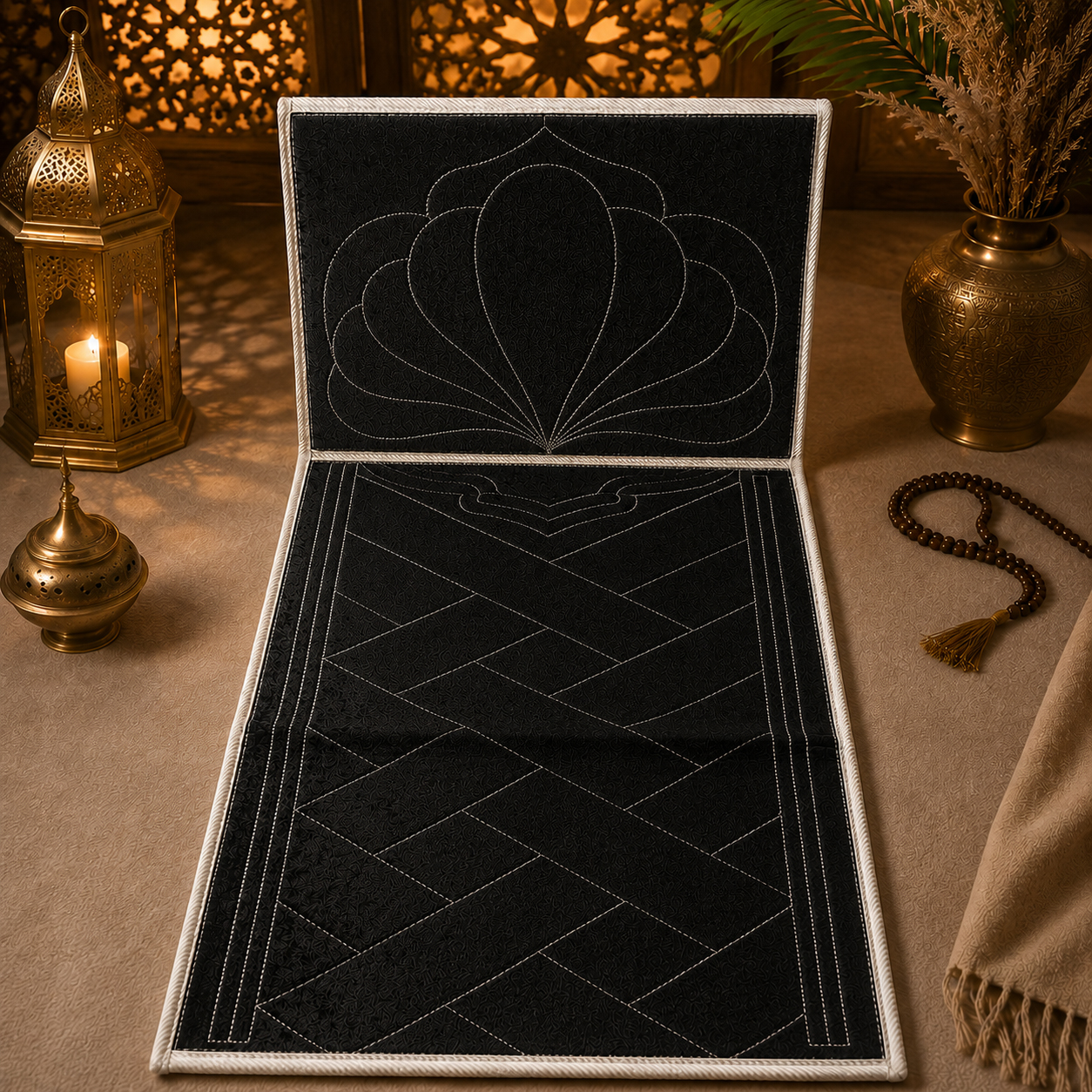 Le tapis de prière pliable avec dossier noir à motifs Sajadah en position relevée vue de face